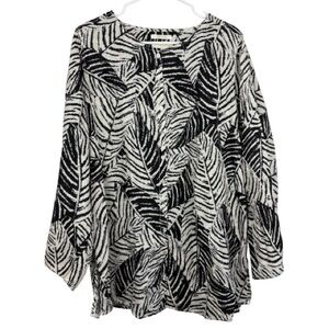 Cynthia Rowley Black and White Leaf-Print Linen Top 1X Summer Beach